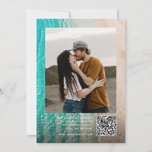 ビーチタイポグラフィ写真QRコード結婚の 招待状 (裏面)