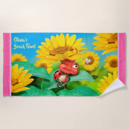 ビーチタオルが眠いラディバグのひまわり。ピンク色の縁 ビーチタオル