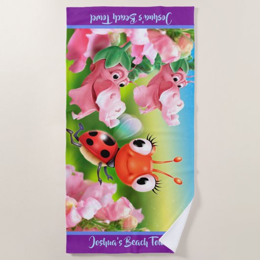 ビーチタオルのてんとう虫の花園。 紫色の端 ビーチタオル (正面)