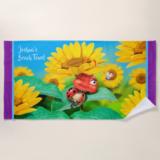 ビーチタオルの眠いてんとう虫のヒマワリ。 紫色の端 ビーチタオル (正面)