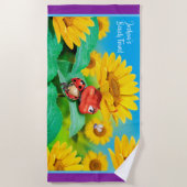 ビーチタオルの眠いてんとう虫のヒマワリ。 紫色の端 ビーチタオル (正面)