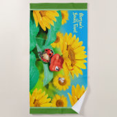 ビーチタオルの眠いてんとう虫のヒマワリ。 緑の端 ビーチタオル (正面)