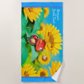 ビーチタオルの眠いてんとう虫のヒマワリ。 青い端 ビーチタオル (正面)