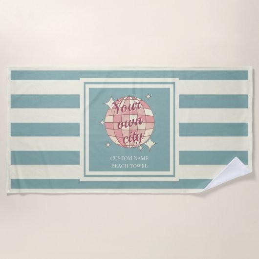 ビーチタオルティール（緑がかった色）ベージュの個人用都市名 ビーチタオル (正面)
