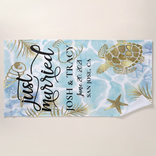 ビーチタオル、ビーチ結婚式用たった今結婚しました ビーチタオル (正面)