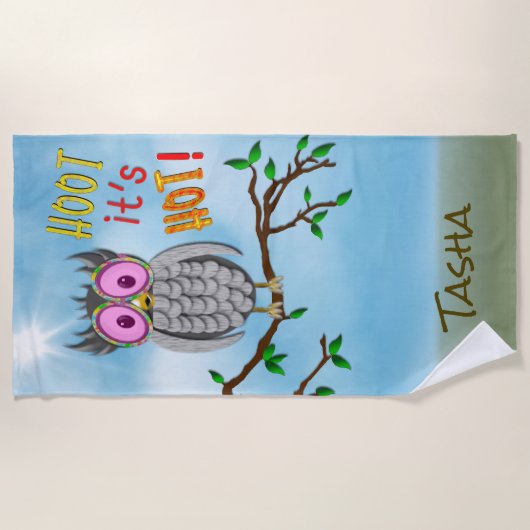 ビーチタオル、大きくかわいいフクロウ、サングラス、やじり声 ビーチタオル (正面)