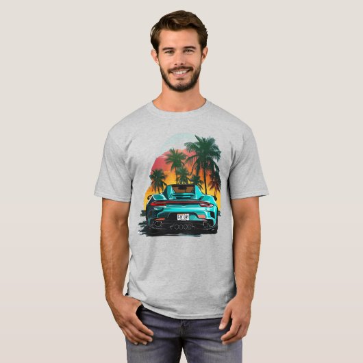 ビーチターコイズターボスポーツカーガイ10代のレースカー Tシャツ (正面フル)
