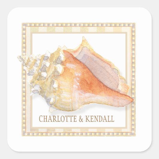 ビーチダマスクコンチシェル結婚ズ封筒用シール スクエアシール (正面)