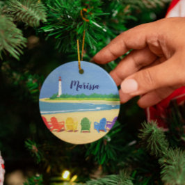 ビーチチェアアンドライトハウスパーソナライズされたオーナメント メタルオーナメント