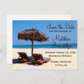 ビーチチェア目的地の結婚式の日付を保存 案内ポストカード (正面/裏面)