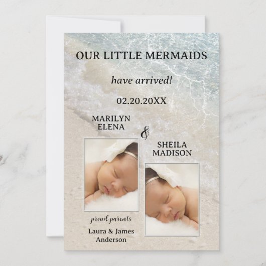 ビーチツインベビー誕生写真アナウンスメントカード 案内状 (正面)