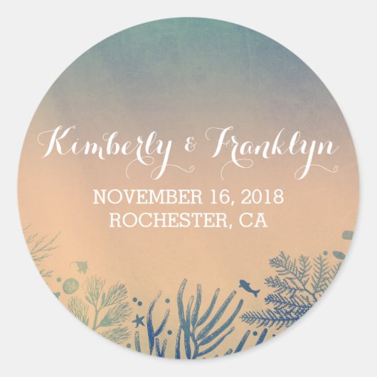 ビーチティール（緑がかった色）とブルー水中結婚式用シール ラウンドシール (正面)