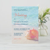 ビーチティール(緑がかった色)&コーラルコンチシェルデスティネーションウェディング 招待状 (スタンド正面)