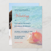 ビーチティール(緑がかった色)&コーラルコンチシェルデスティネーションウェディング 招待状 (正面/裏面)