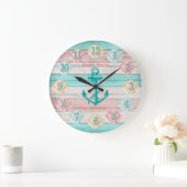 ビーチティール(緑がかった色)&コーラルシーシェルズ&いかり ラージ壁時計 (ホーム)