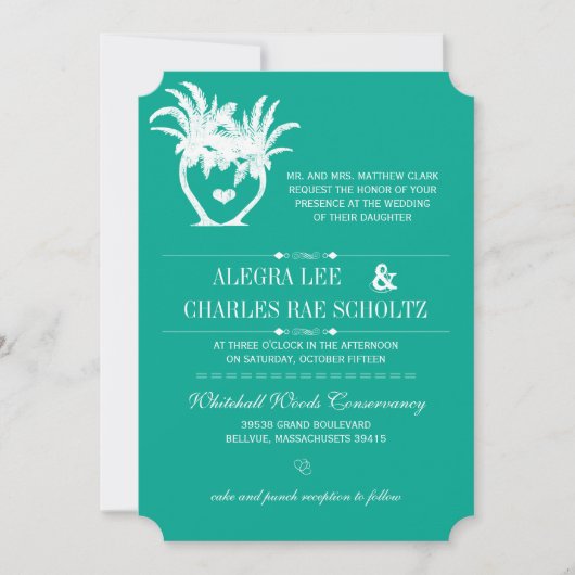 ビーチティール（緑がかった色）パームツリーデスティネーションシャルボード 招待状 (正面)