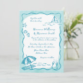 ビーチティール(緑がかった色)手描きQR RSVPオールインワン結婚ズ 招待状 (スタンド正面)