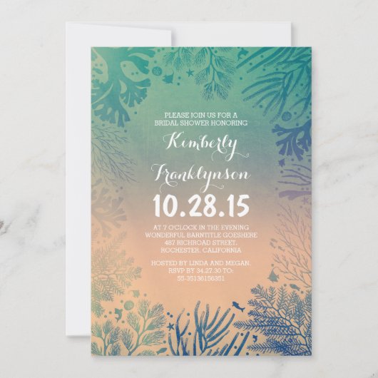 ビーチティール（緑がかった色）海水中ブライダルシャワー 招待状 (正面)