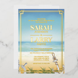 ビーチテーマとエレガント金ゴールド伝統的結婚テーマ 箔招待状
