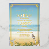 ビーチテーマとエレガント金ゴールド伝統的結婚テーマ 箔招待状 (正面)