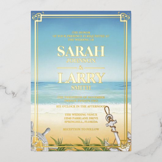 ビーチテーマとエレガント金ゴールド伝統的結婚テーマ 箔招待状 (正面)