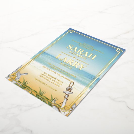 ビーチテーマとエレガント金ゴールド伝統的結婚テーマ 箔招待状 (回転した状態)