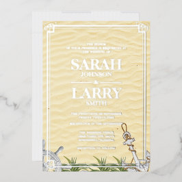 ビーチテーマとエレガント金ゴールド伝統的結婚テーマ 箔招待状