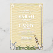 ビーチテーマとエレガント金ゴールド伝統的結婚テーマ 箔招待状 (正面)