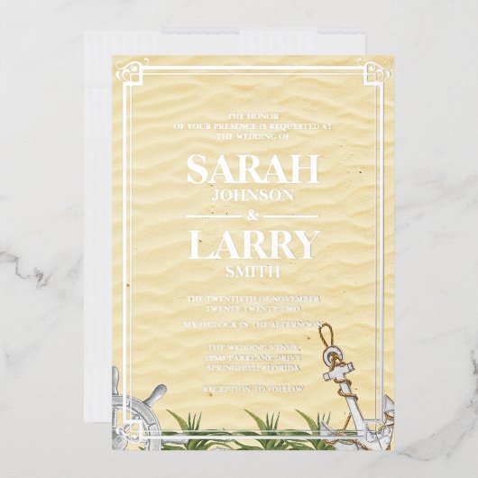ビーチテーマとエレガント金ゴールド伝統的結婚テーマ 箔招待状 (封筒)