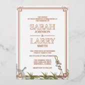 ビーチテーマとバラ金ゴールド伝統的結婚の 箔招待状 (正面)
