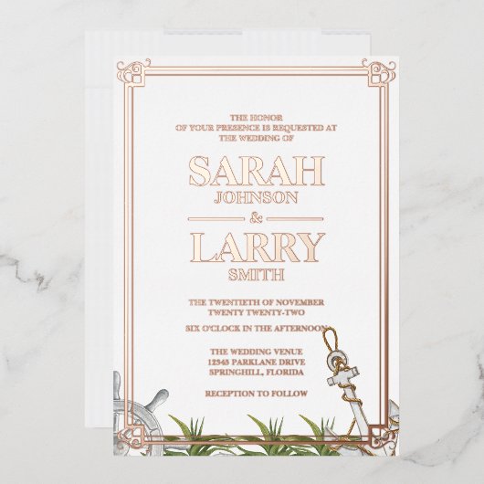 ビーチテーマとバラ金ゴールド伝統的結婚の 箔招待状 (封筒)