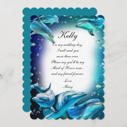 ビーチテーマのイルカのウェディング メイド オブ オナー 招待状 (正面/裏面)