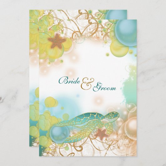 ビーチテーマの結婚ウミガメのヒトデ 招待状 (正面/裏面)