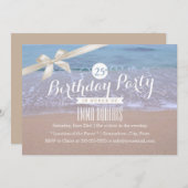 ビーチテーマクラスアイボリーリボンバースデーパーティー 招待状 (正面/裏面)