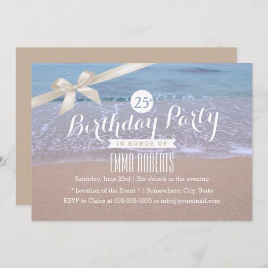 ビーチテーマクラスアイボリーリボンバースデーパーティー 招待状 (正面/裏面)