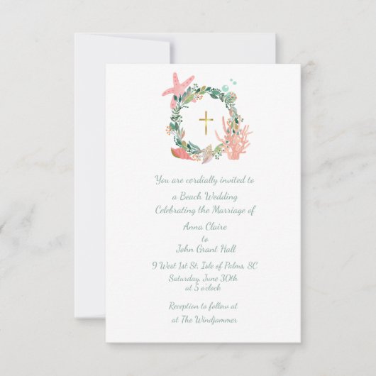 ビーチテーマクロス航海の、結婚s、クリスチャン 招待状 (正面)