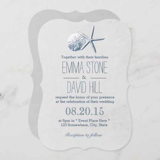 ビーチテーマスターフィッシュアンドサンドド結婚ラズ 招待状 (正面/裏面)