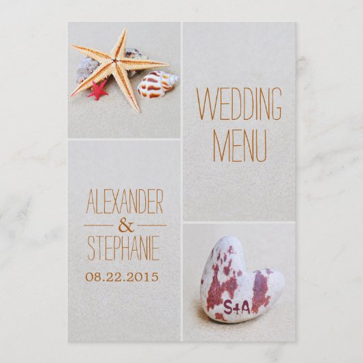 ビーチテーマヒトデとハート結婚のメニューカード メニュー (正面)