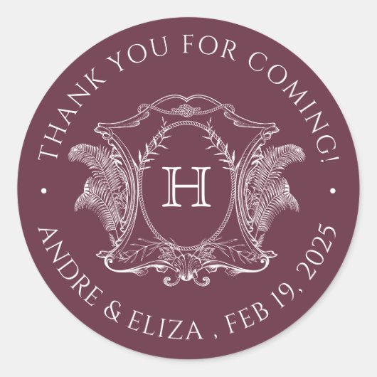 ビーチテーマブルゴーニュ結婚モノグラムのステッカー ラウンドシール (正面)