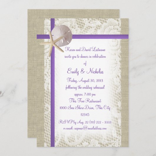 ビーチテーマリハーサルディナーパープル 招待状 (正面/裏面)