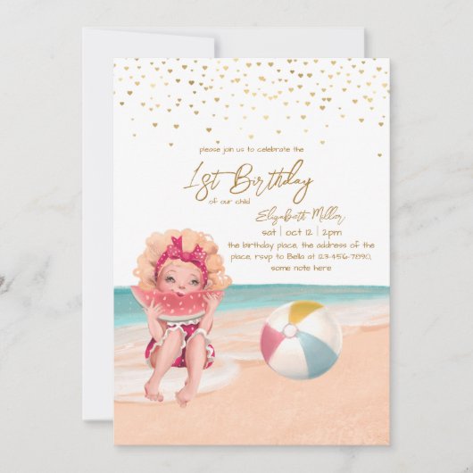 ビーチテーマ夏パーティーベビーガール1st誕生日 招待状 (正面)