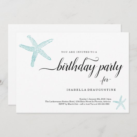 ビーチテーマ誕生日パーティーの招待 招待状 (正面/裏面)
