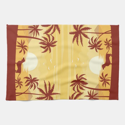 ビーチディシュント日没タオル揺れるヤシの木 キッチンタオル (横)