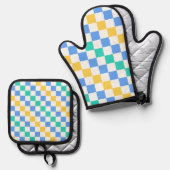 ビーチデイの斜め市松模様 鍋つかみ&鍋敷きセット (正面/裏面)