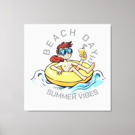 ビーチデイカートゥーン文字オン膨脹可能リングや輪 キャンバスプリント