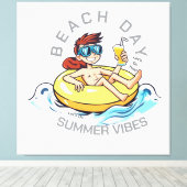 ビーチデイカートゥーン文字オン膨脹可能リングや輪 キャンバスプリント (インサイチュ (ウッドフロア))