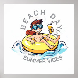 ビーチデイカートゥーン文字オン膨脹可能リングや輪 ポスター