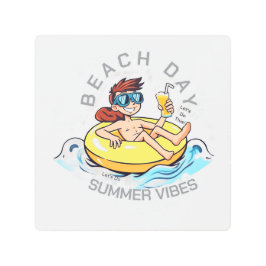 ビーチデイカートゥーン文字オン膨脹可能リングや輪 メタルプリント