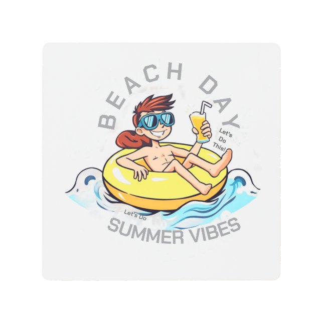 ビーチデイカートゥーン文字オン膨脹可能リングや輪 メタルプリント (正面)