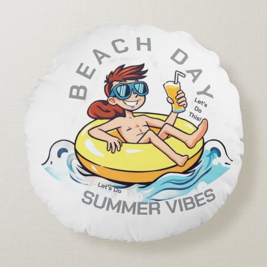 ビーチデイカートゥーン文字オン膨脹可能リングや輪 ラウンドクッション (正面)